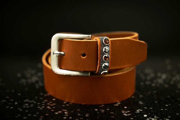 Mon&egrave;re Cognac riem Swarovski xl  Topaz &amp; Hematiet en Fabric Metallic Gold