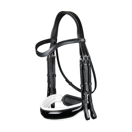 Dy&#039;on Stang &amp; Trens hoofdstel met brede Lak Crank neusriem Zwart/Wit Cob