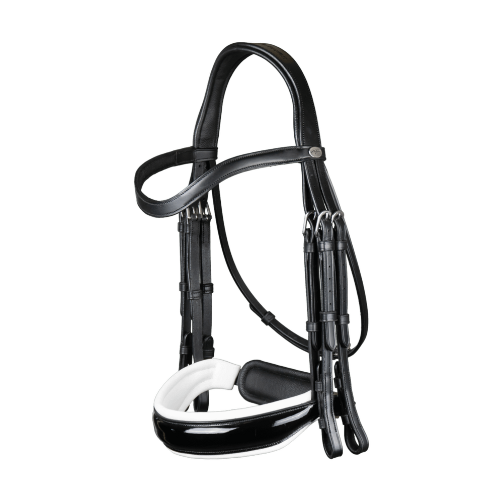 Dy'on Stang & Trens hoofdstel met brede Lak Crank neusriem Zwart/Wit Cob